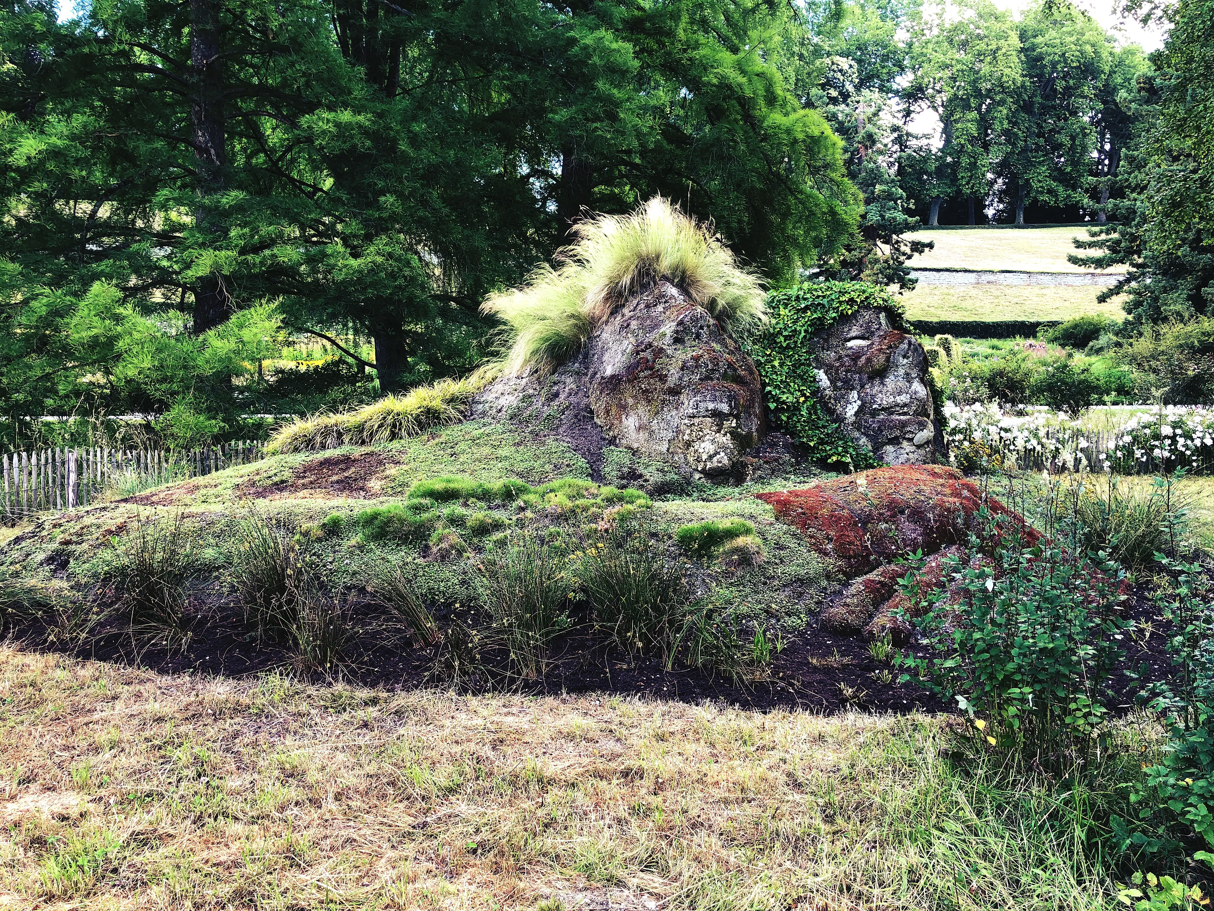Zwei Köpfe der Pflanzenfiguren „Zusammen im Garten“ schauen aus den Beeten die Besucher der Blumeninsel Mainau an.