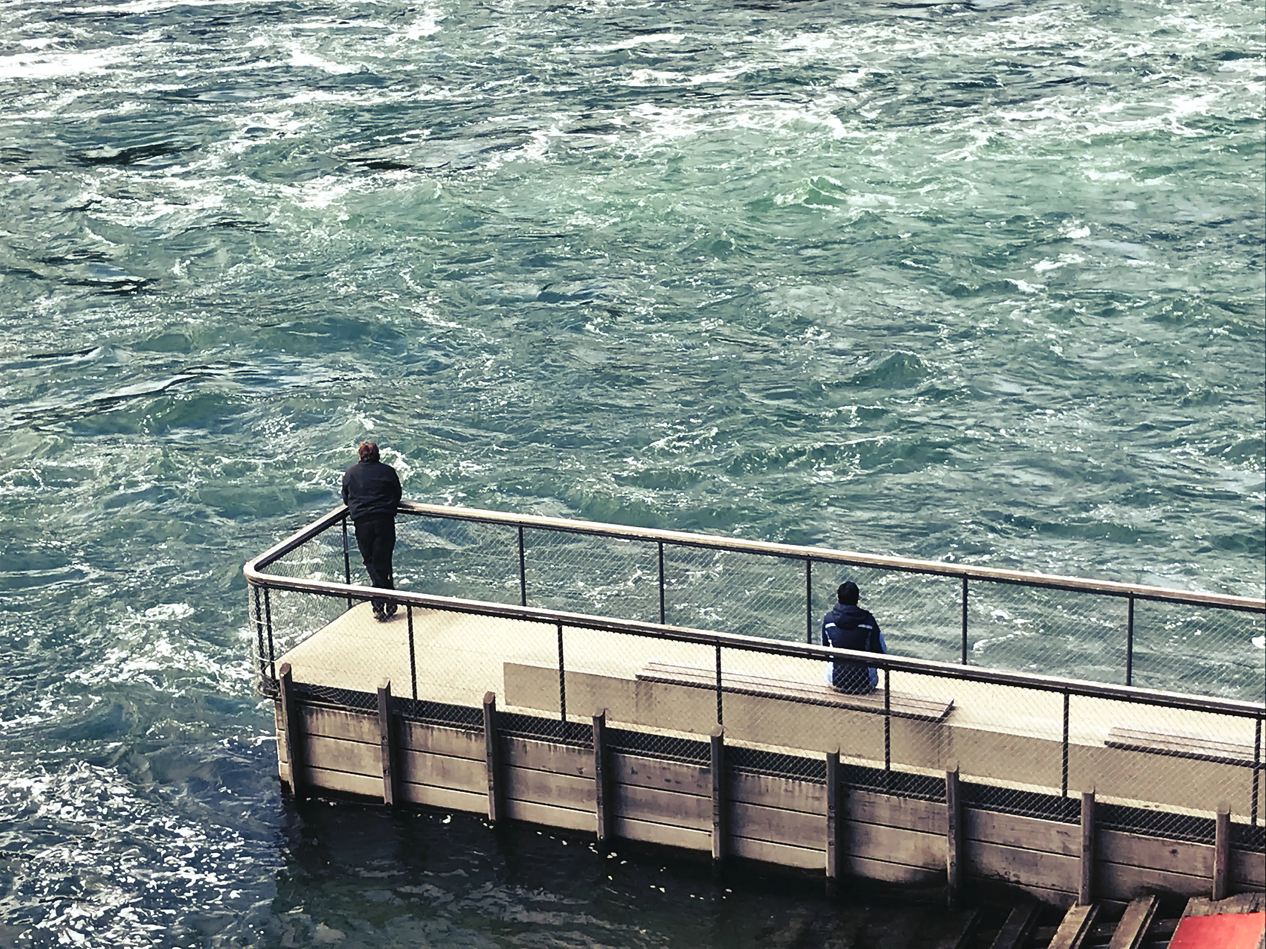 Der Bootsanleger ist nur einige Meter vom Rheinfall entfernt, so dass das Wasser immer noch stark in Bewegung ist.