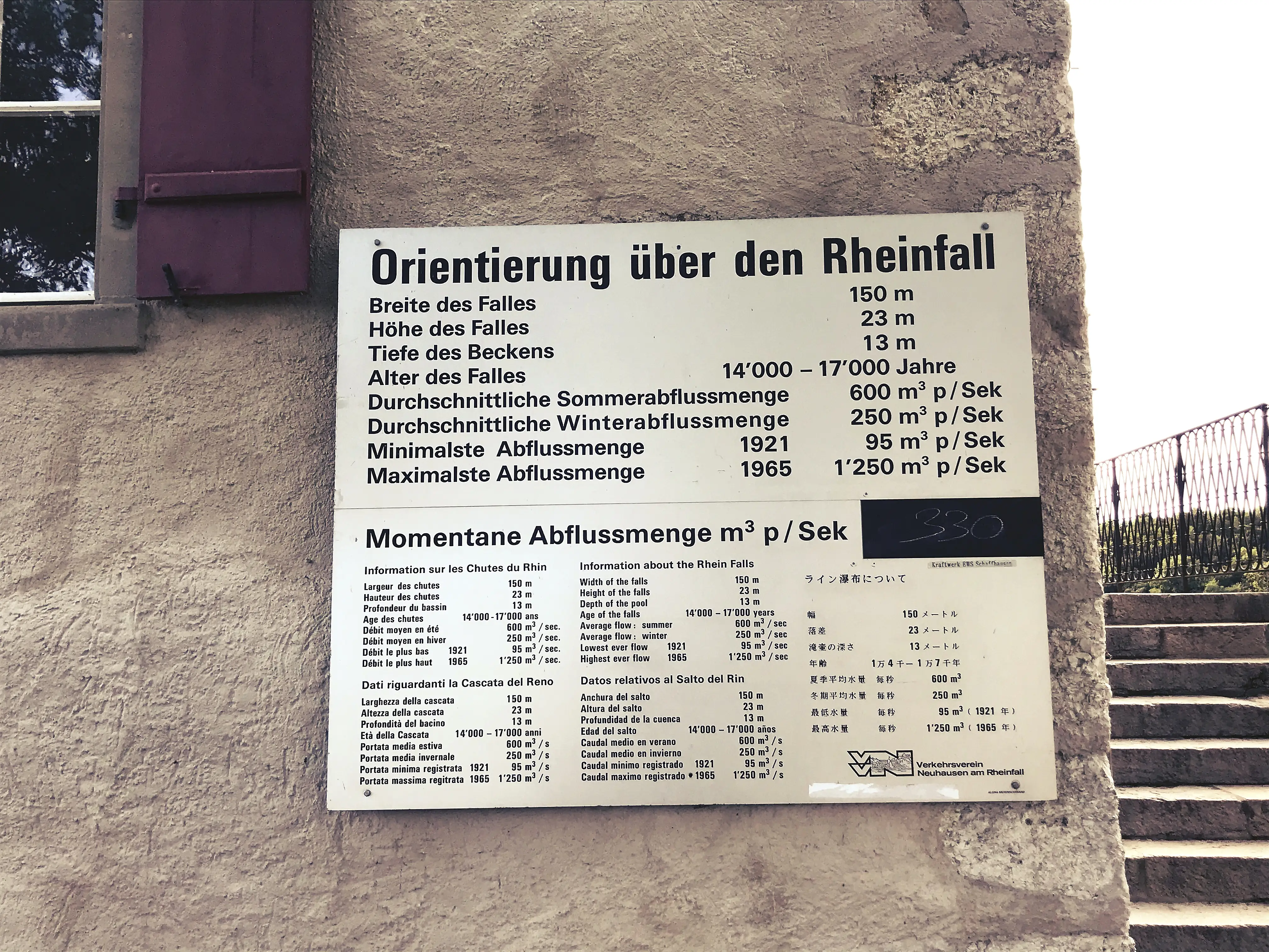 Eine Infotafel gibt die wichtigsten Punkte zum Rheinfall bei Schaffhausen wieder.