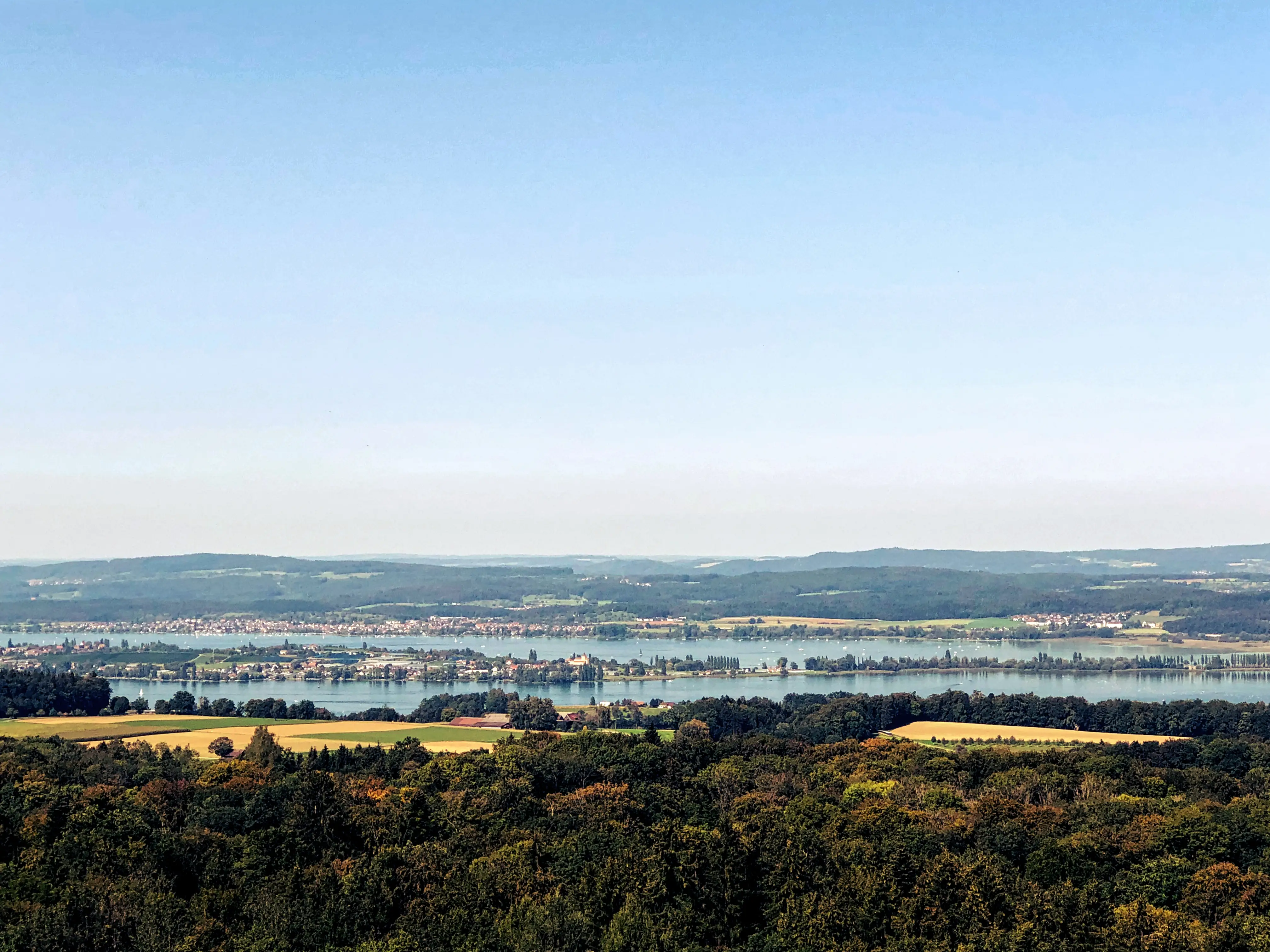 Die Insel Reichenau mit seiner markanten Allee ist vom Napoleonturm bei Ermatingen aus besonders gut zu sehen.