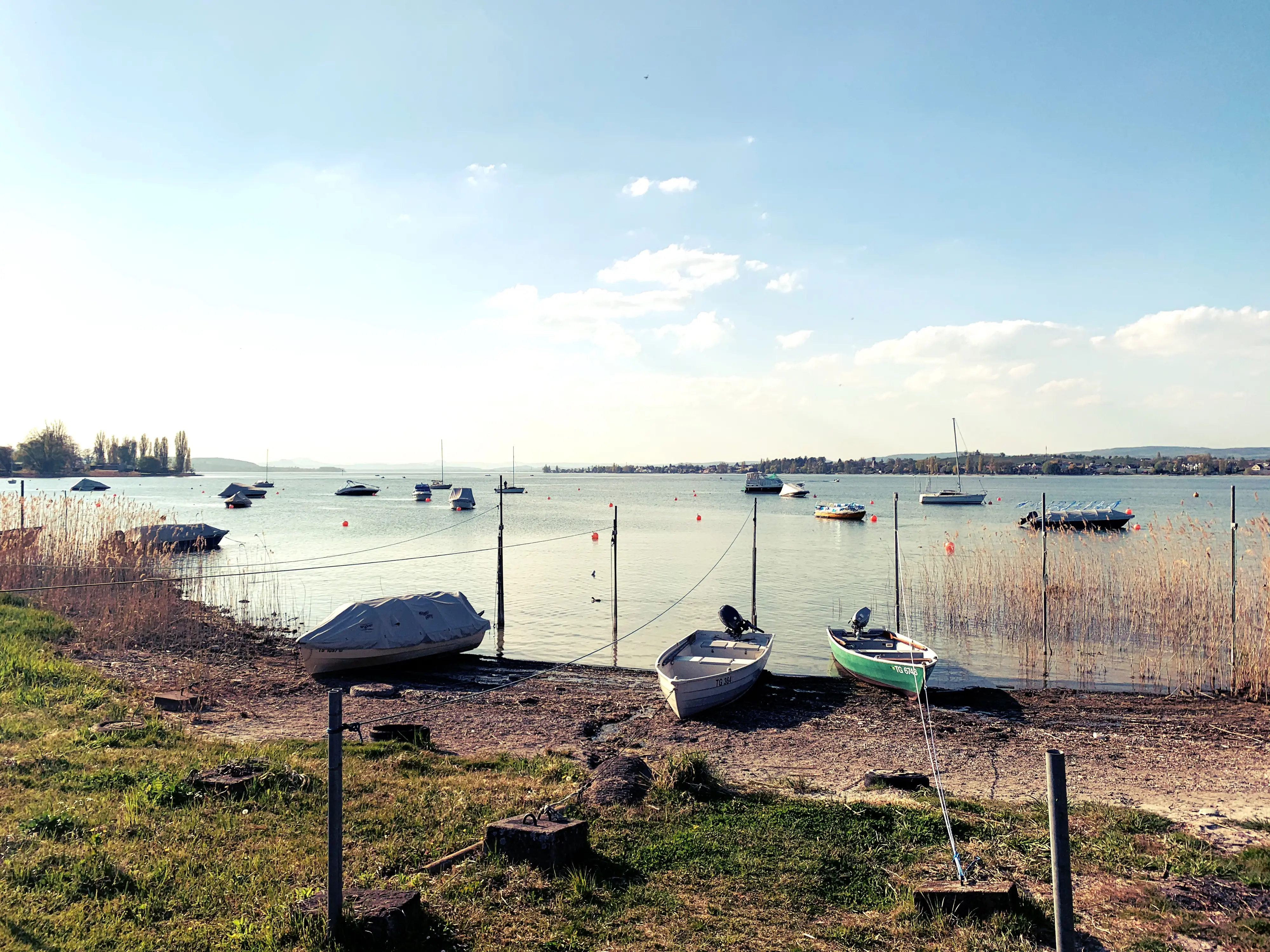 Kleinere Fischerboote zieren das Ufer des Bodensees in der Ostschweiz.