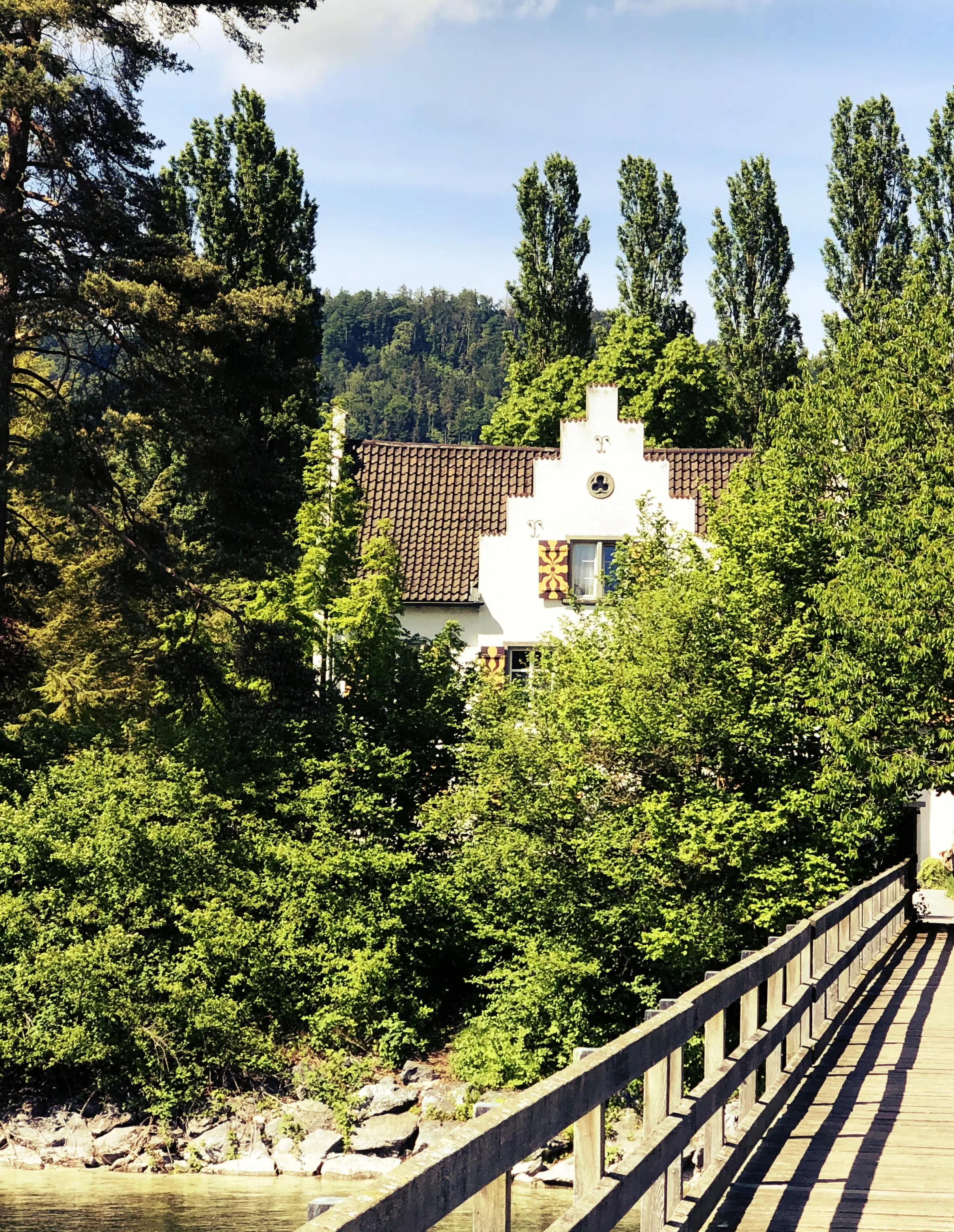 Schon vom Anfang der Brücke aus, sieht man das Kloster St. Ottmar auf der Insel Werd.
