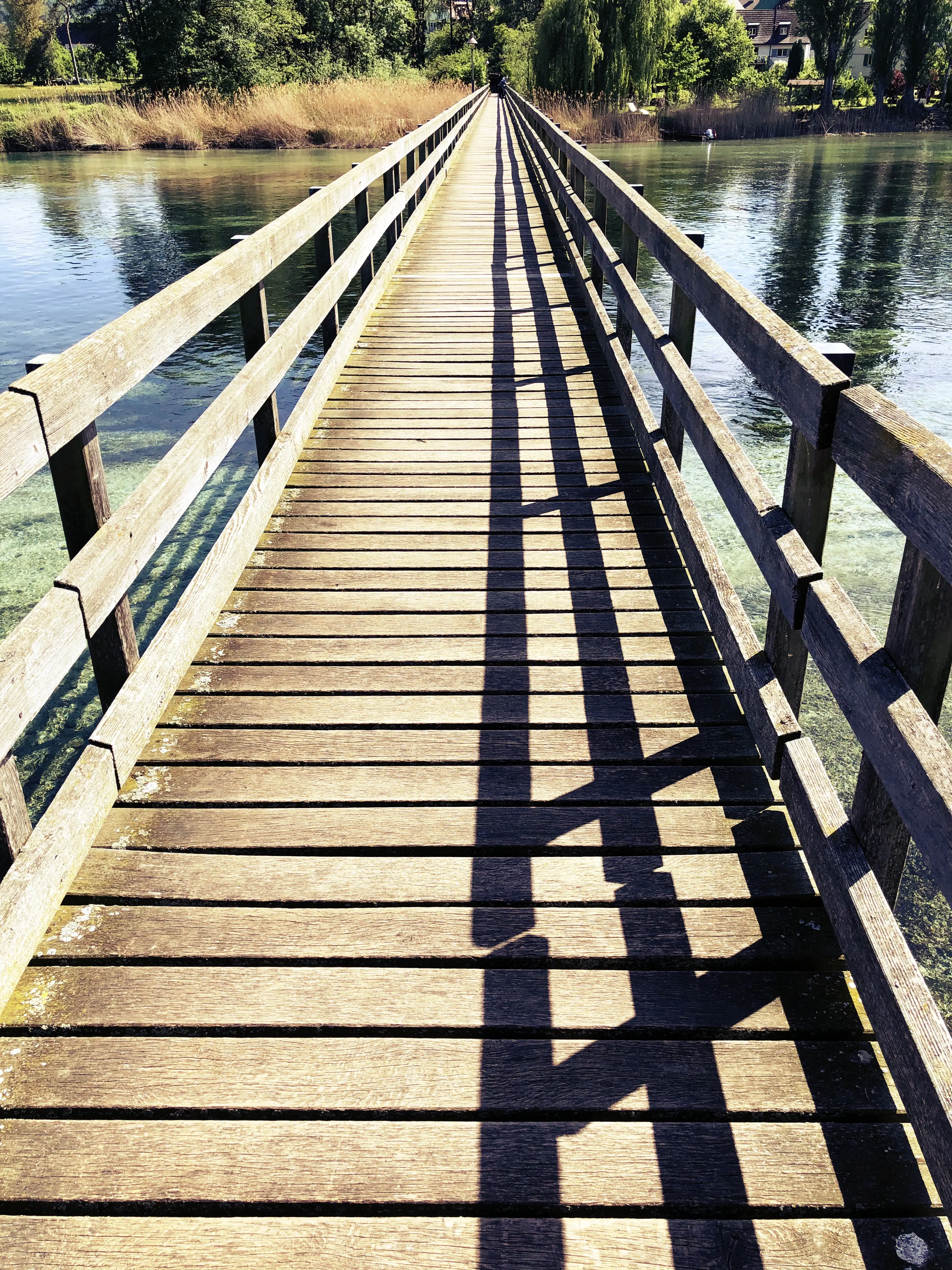 Eine Holzbrücke führt von Eschenz über den Bodensee zur Insel Werd.
