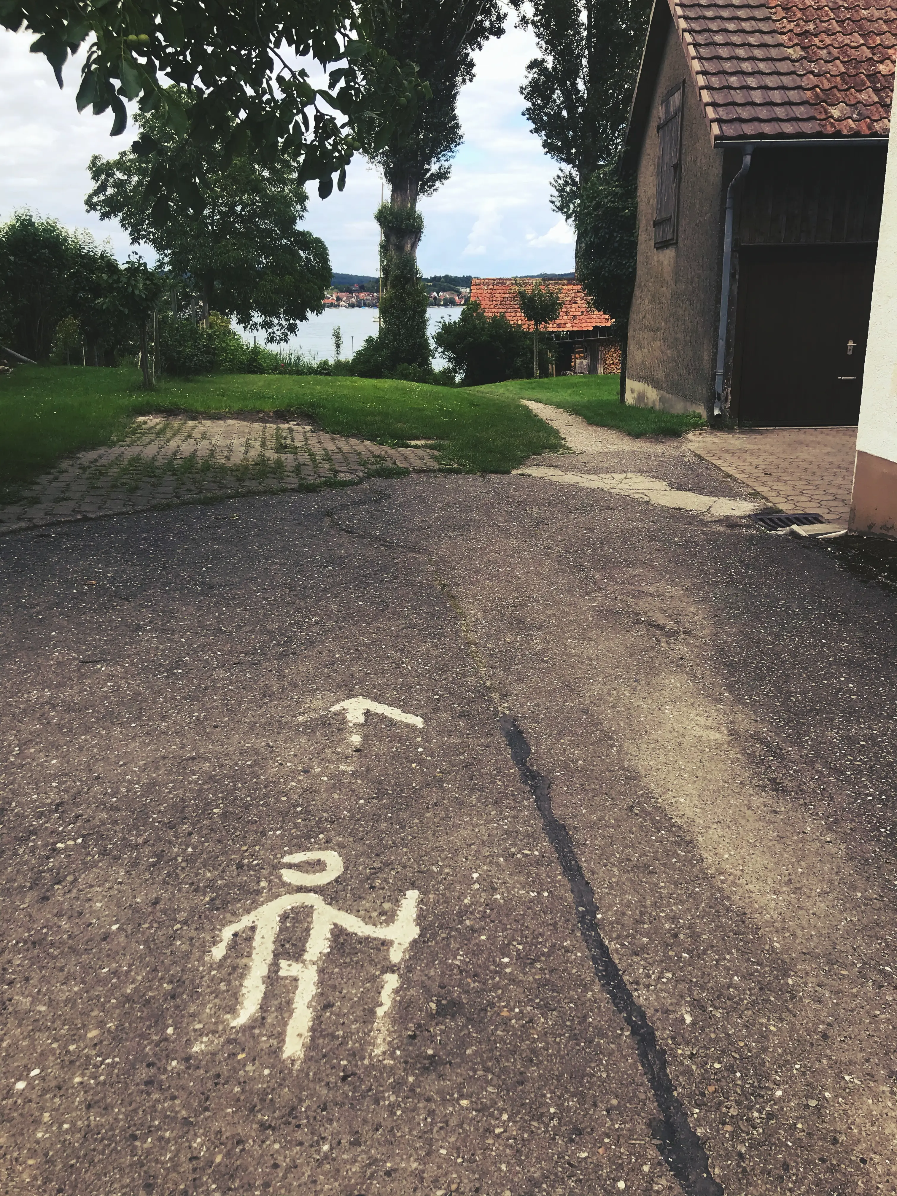 Die Bodenmarkierungen auf der Reichenau führen zum Ufer des Bodensees.